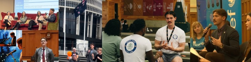 A collage of the founder, Sean Prenter, public speaking pictured with a microphone, on panels and facilitating next to colleagues